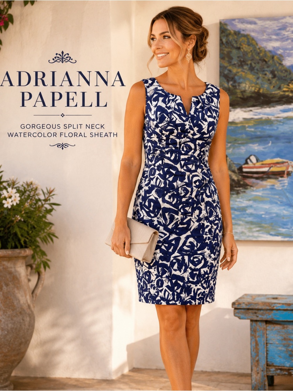 💙ADRIANNA PAPELL, Gorgeous Split Neck Watercolor Floral Sheath Dress, Like New
